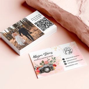 Floral gold pink Photography photo logo qr code Business Card