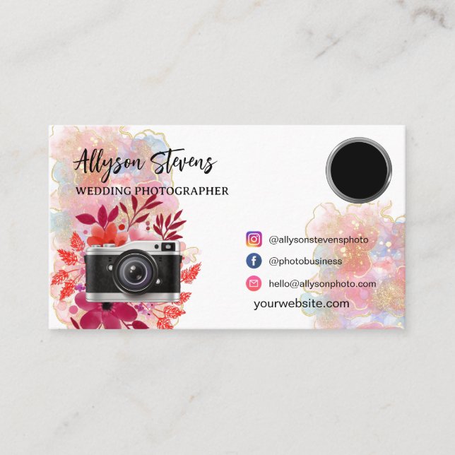 Floral gold pink Photography photo logo qr code Business Card (Front)