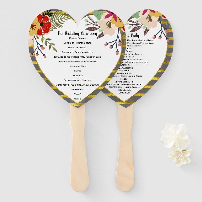 Floral Gold Pink Red Mint Heart Shape Program Hand Fan (Front and Back)