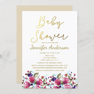 Floral Gold Pink Rose Watercolor Baby Shower Invitation