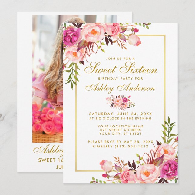 Floral Gold Pink Sweet 16 Birthday Invite - Photo (Front/Back)