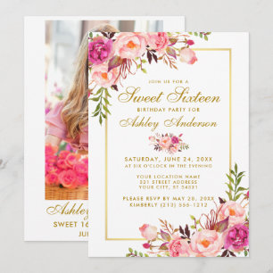 Floral Gold Pink Sweet 16 Birthday Invite - Photo