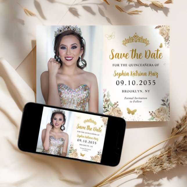 Floral Gold Princess Birthday Quinceanera Photo Save The Date (Creator Uploaded)