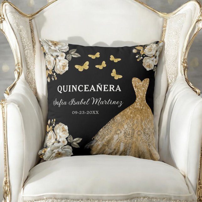Floral Gold Princess Quinceanera Birthday Cushion (Creator Uploaded)