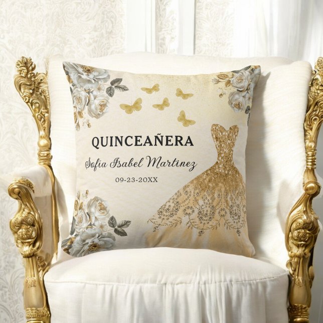 Floral Gold Princess Quinceanera Birthday Cushion (Creator Uploaded)