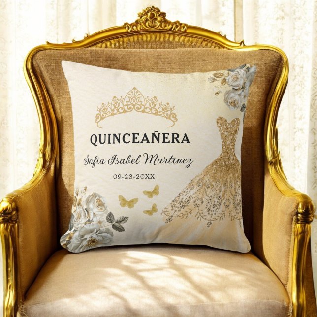 Floral Gold Princess Quinceanera Birthday Cushion (Creator Uploaded)