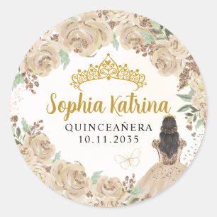 Floral Gold Princess Quinceanera Birthday Favor Classic Round Sticker