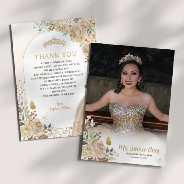 Floral Gold Princess Quinceanera Photo Thank You Card (Creator Uploaded)