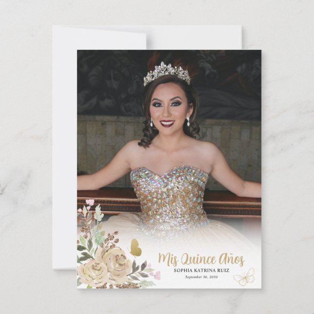 Floral Gold Princess Quinceanera Photo Thank You Invitation (Back)