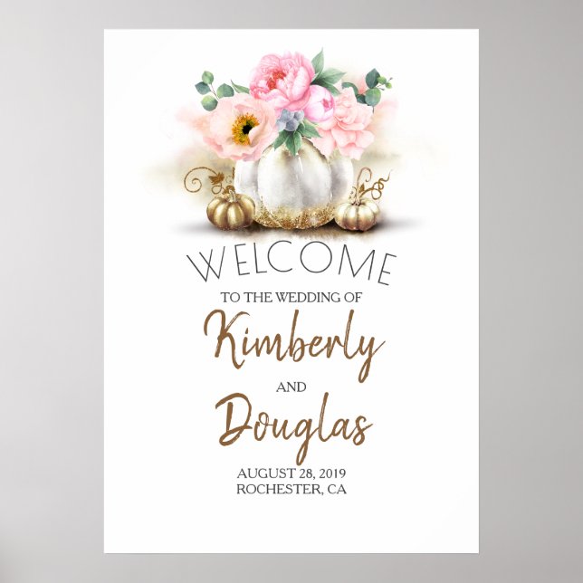 Floral Gold Pumpkin Fall Wedding Welcome Sign (Front)
