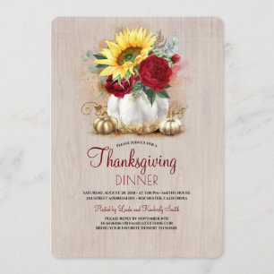 Floral Gold Pumpkin Rustic Thanksgiving Dinner Invitation