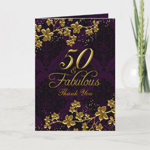 Floral Gold Purple 50 & Fabulous Thank You Card