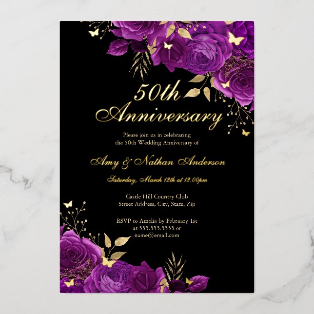 Floral Gold Purple 50th Wedding Anniversary (Front)
