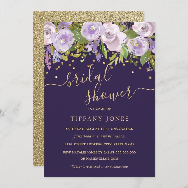 Floral Gold Purple Confetti Bridal Shower Invitation (Front/Back)