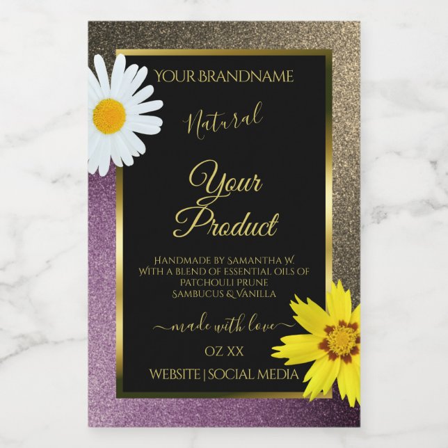 Floral Gold Purple Glitter Black Product Labels (Single Label)