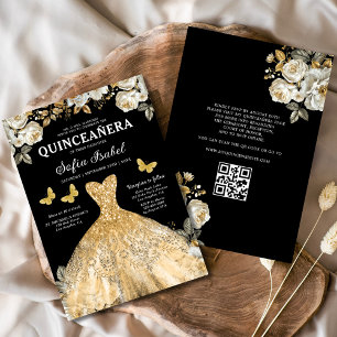 Floral Gold QR Code Princess Quinceanera Invitation