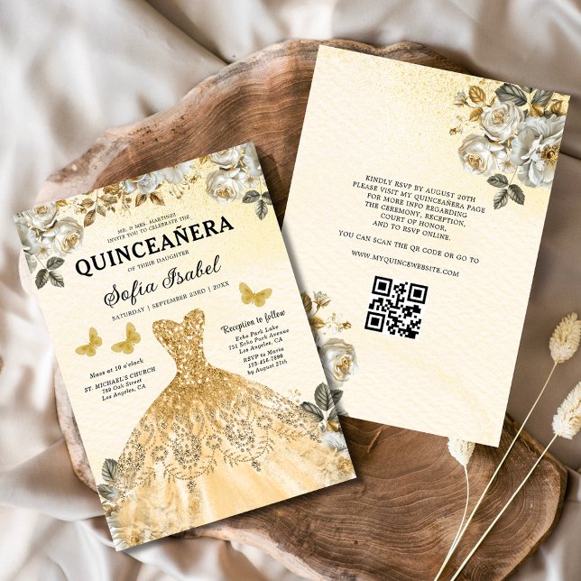 Floral Gold QR Code Princess Quinceanera Invitation (Creator Uploaded)