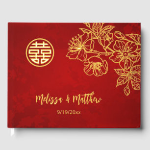 Floral Gold Red Chinese Wedding Guest Book