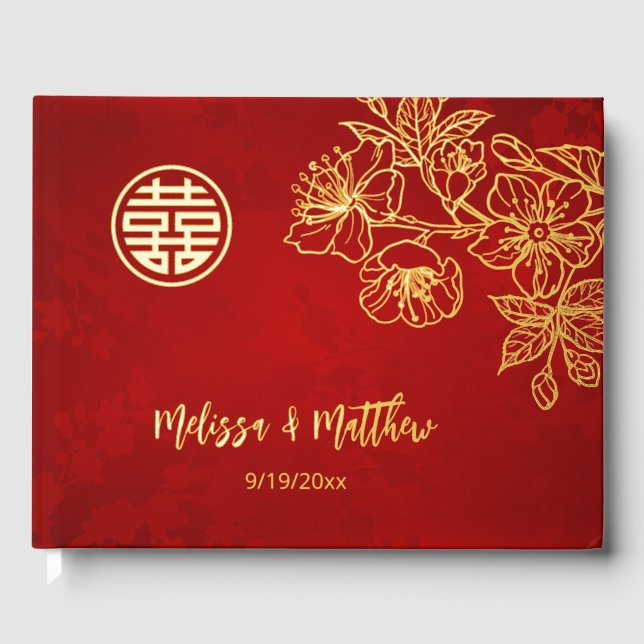 Floral Gold Red Chinese Wedding Guest Book (Front)