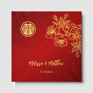 Floral Gold Red Chinese Wedding Guest Book