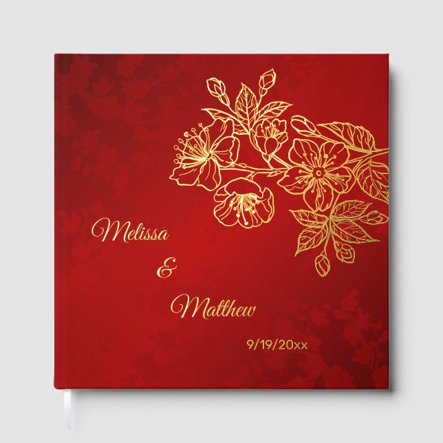 Floral Gold Red Christmas Wedding Guest Book (Front)