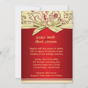 Floral Gold Red Damask Ribbon Wedding Invite