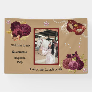 Floral Gold Red Quinceañera Masquerade & Photo Banner