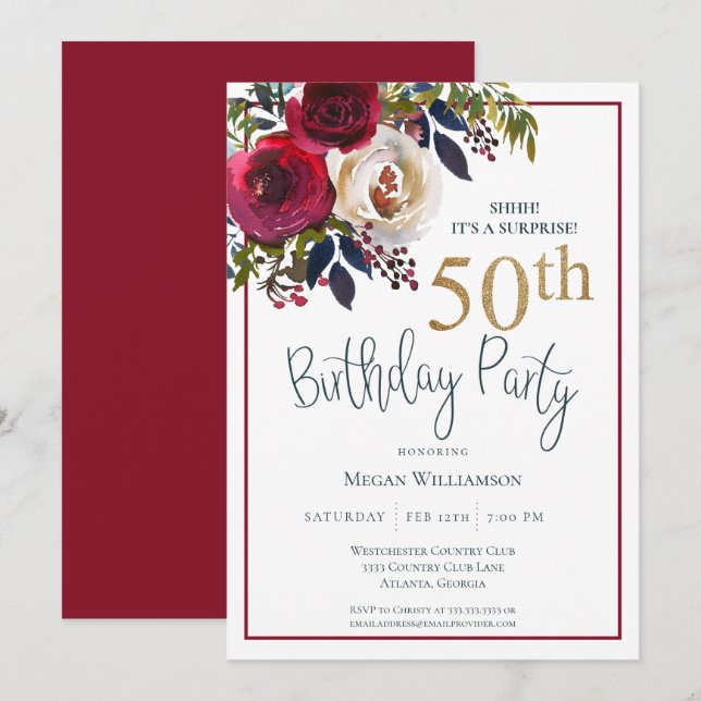 Floral Gold Red Surprise 50th Birthday Party Invitation (Front/Back)