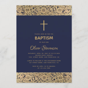 Floral Gold Rose on Navy Blue Elegant Boy Baptism Invitation