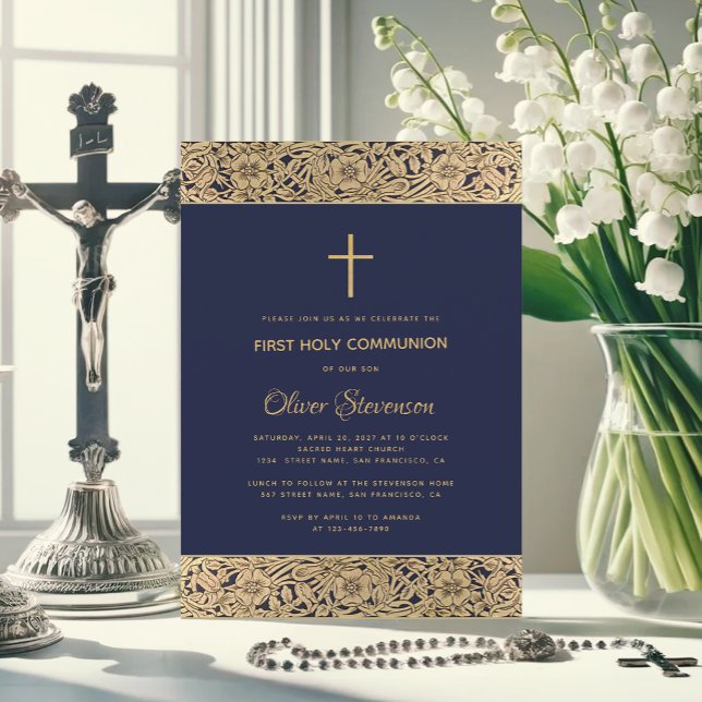 Floral Gold Roses Cross Navy Blue First Communion Invitation (Creator Uploaded)