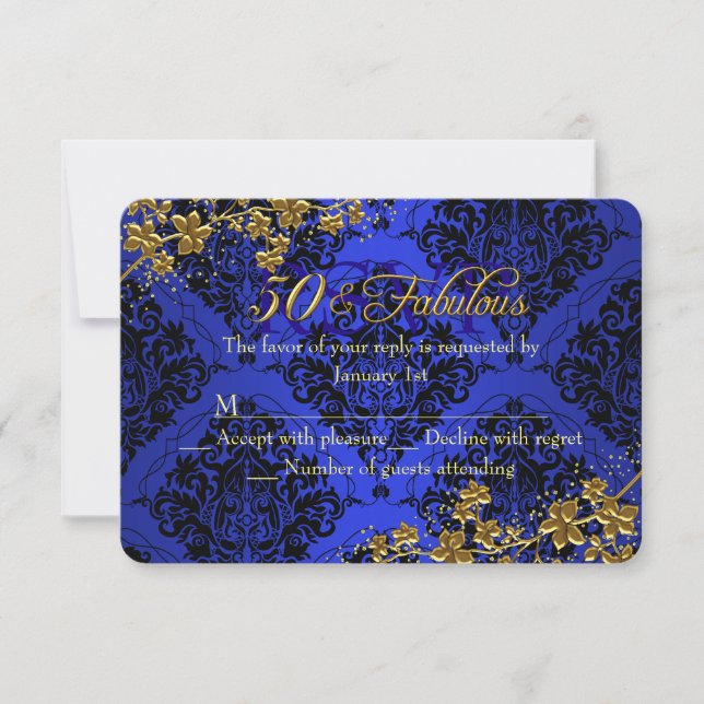 Floral Gold Royal Blue 50 Fabulous Birthday RSVP 2 Card (Front)