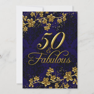 Floral Gold Royal Blue 50 & Fabulous Invitation