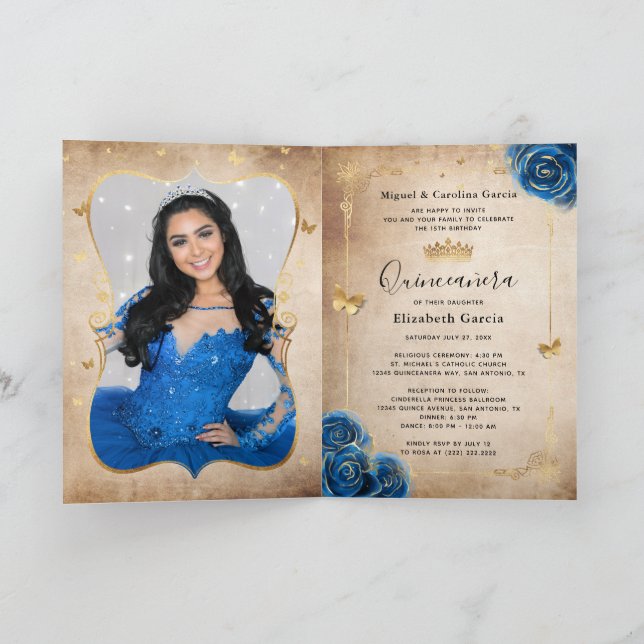 Floral Gold Royal Blue Quinceañera Photo Folded Invitation (Inside)