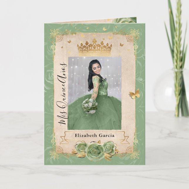 Floral Gold Sage Green Quinceañera Photo Folded Invitation (Front)