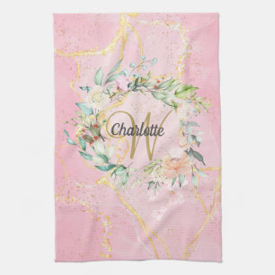 Floral Gold Script Monogram Pink Geode Agate Tea Towel