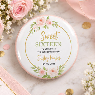 Floral Gold Script Sweet Sixteen Birthday 3 Cm Round Badge