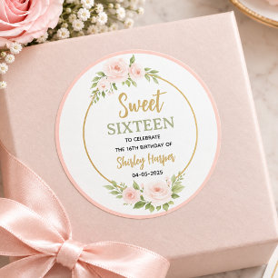Floral Gold Script Sweet Sixteen Birthday Classic Round Sticker