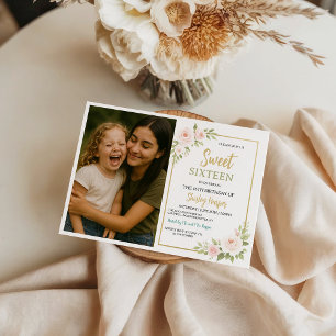 Floral Gold Script Sweet Sixteen Birthday Invitation