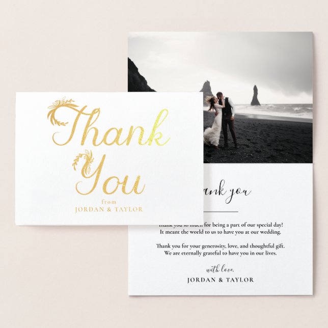 Floral Gold Script Wedding Thank You Photo Foil Card (Display)