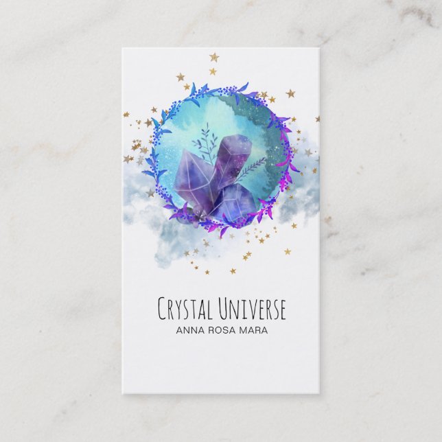 *~* Floral Gold Stars Crystal Gemstone Universe Business Card (Front)