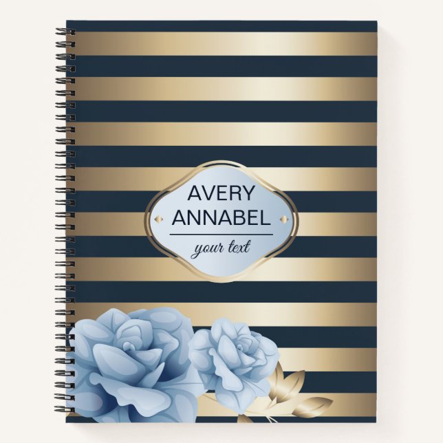 Floral Gold Stripe midnight blue Notebook (Front)