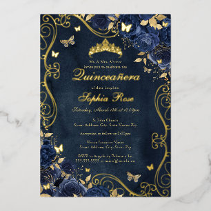 Floral Gold Swirl Butterfly Navy Quinceanera