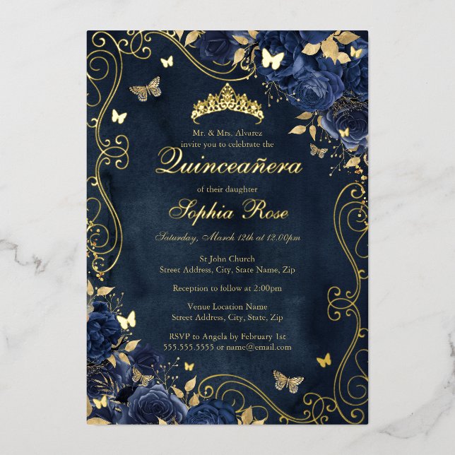 Floral Gold Swirl Butterfly Navy Quinceanera (Front)