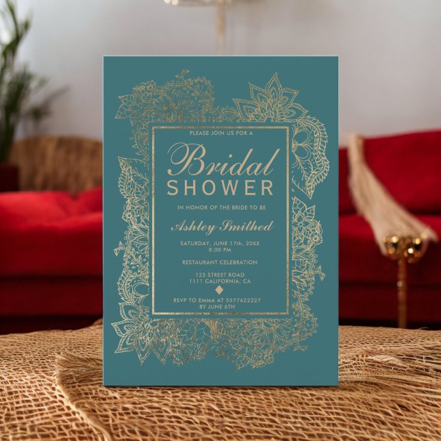 Floral gold teal green chic elegant bridal shower invitation (Floral gold teal green chic elegant bridal shower invitation)