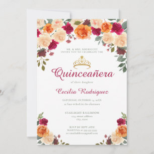 Floral Gold Tiara Quinceanera Invitation
