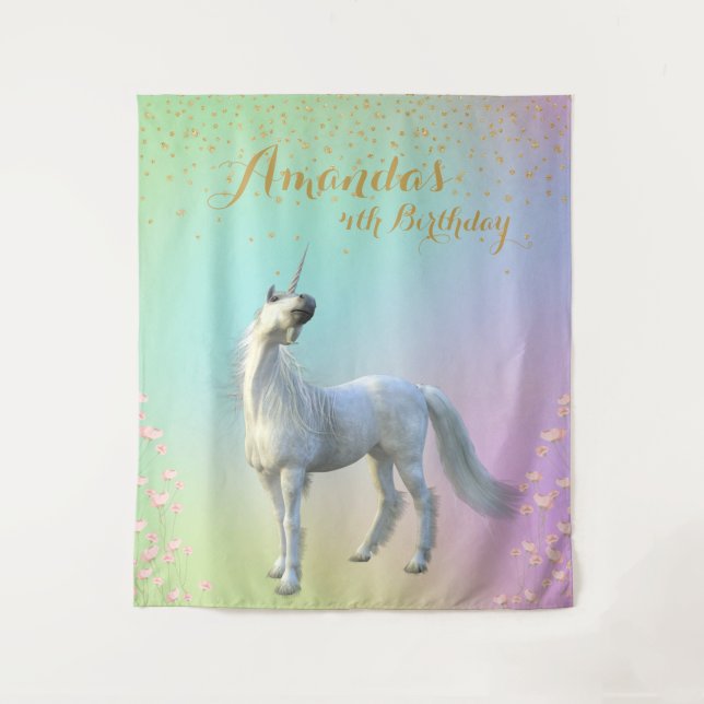 Floral Gold Unicorn Birthday Backdrop Photo Booth Tapestry (Front)