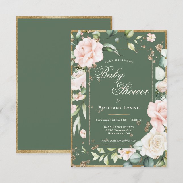 Floral Gold Watercolor Baby Shower Invitation (Front/Back)