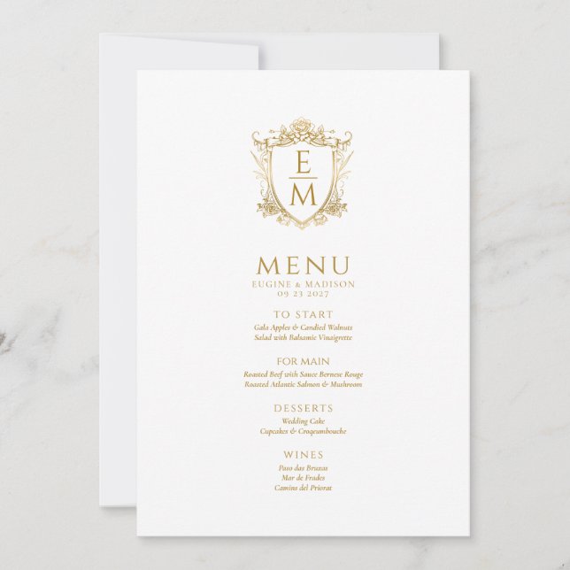 Floral Gold Wedding Crest Custom Monogram Invitation (Front)