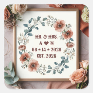 Floral Gold Wedding Frame With Green Leaf Accents Square Sticker