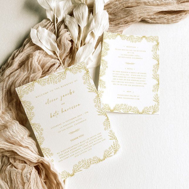 Floral Gold White Front & Back Wedding Invitation (Creator Uploaded)